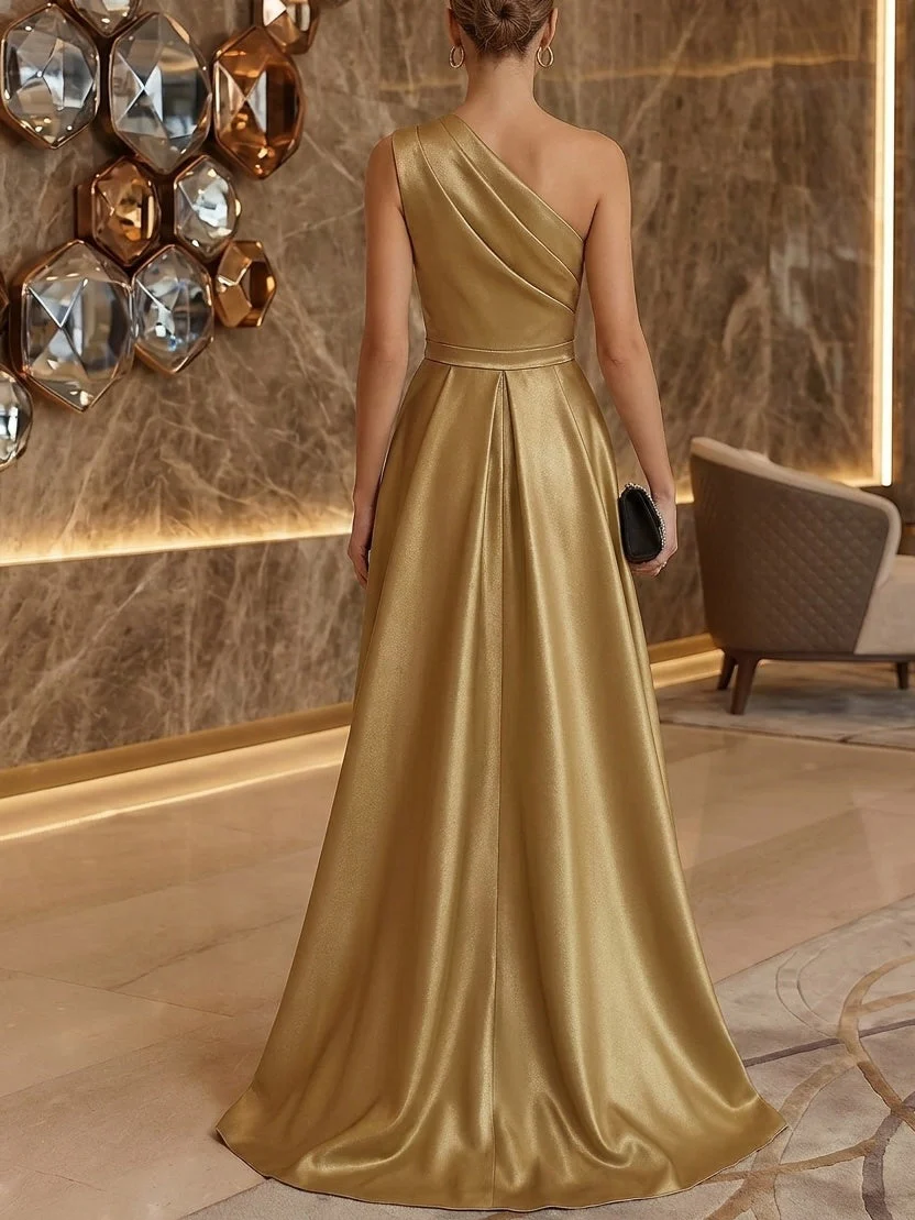 Sheath/Column One-Shoulder Satin Evening Dresses Sleeveless Floor-Length Party Dresses with Split Side Overskirts - Image 2