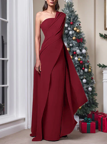 Sheath/Column One-Shoulder Sleeveless Evening Dresses With Pleats Ruched - Image 21