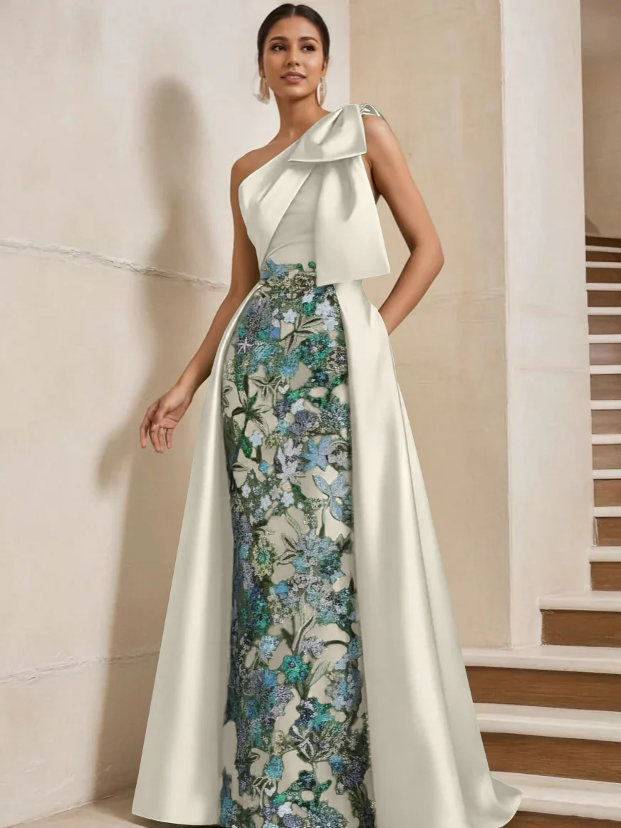 Sheath/Column One-Shoulder Satin Mother of the Bride Dresses with Overskirt Sleeveless Floor-Length Bow - Image 14