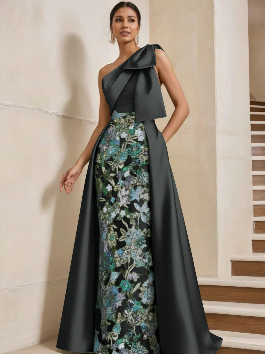 Sheath/Column One-Shoulder Satin Mother of the Bride Dresses with Overskirt Sleeveless Floor-Length Bow - Image 18