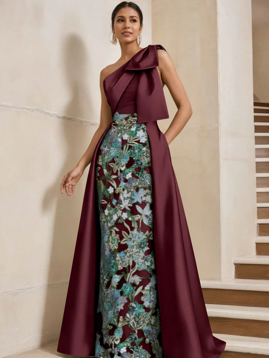 Sheath/Column One-Shoulder Satin Mother of the Bride Dresses with Overskirt Sleeveless Floor-Length Bow - Image 20