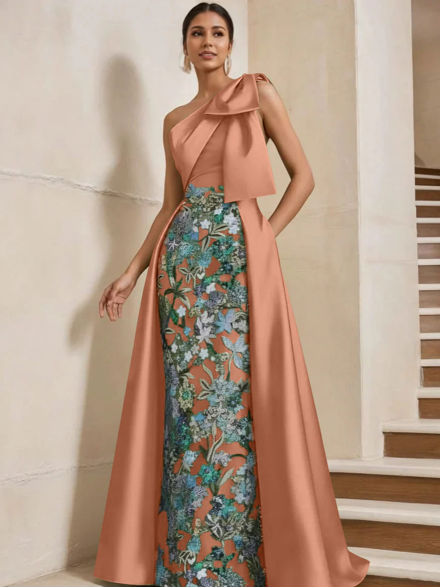 Sheath/Column One-Shoulder Satin Mother of the Bride Dresses with Overskirt Sleeveless Floor-Length Bow - Image 21