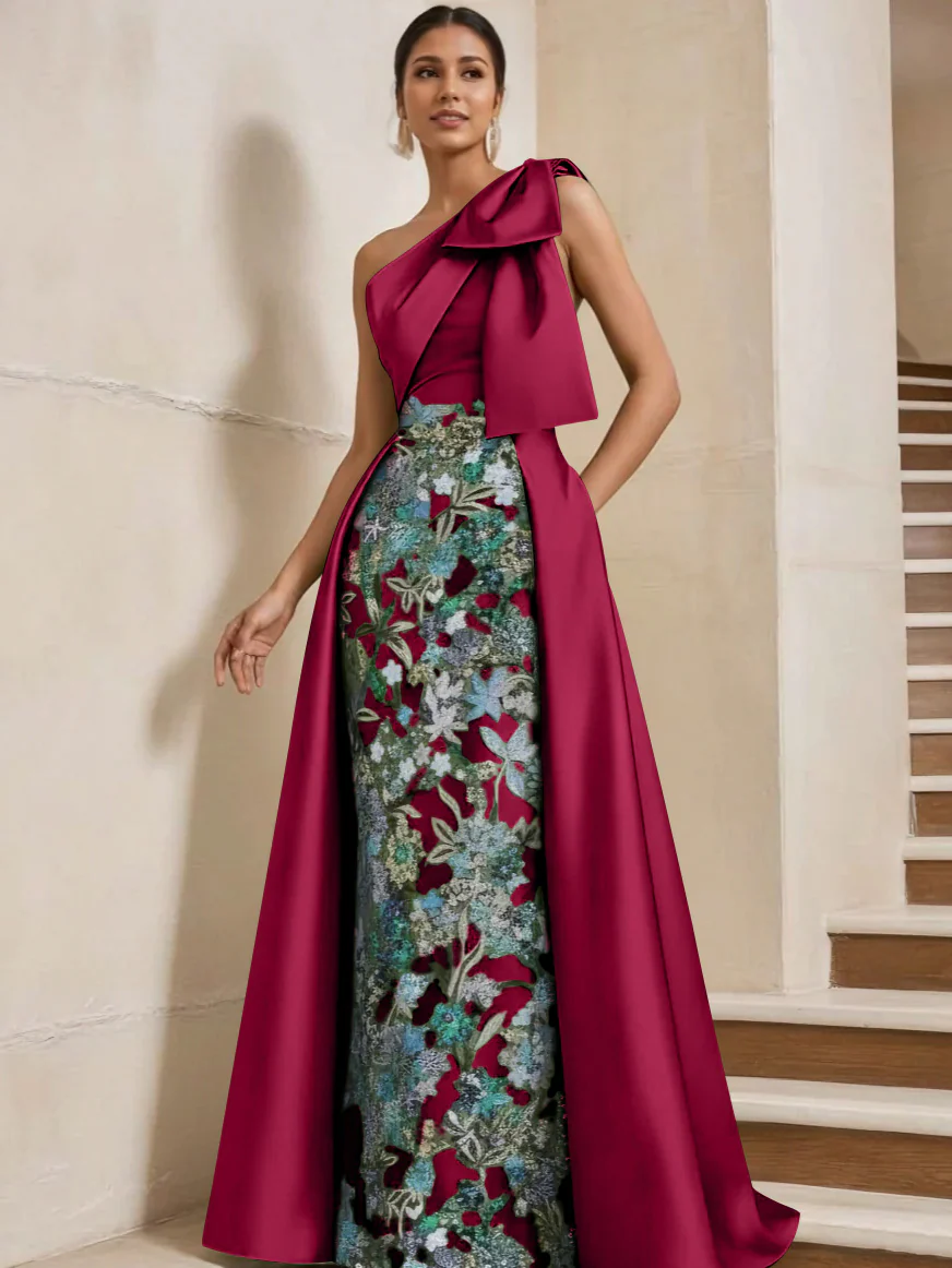 Sheath/Column One-Shoulder Satin Mother of the Bride Dresses with Overskirt Sleeveless Floor-Length Bow - Image 29