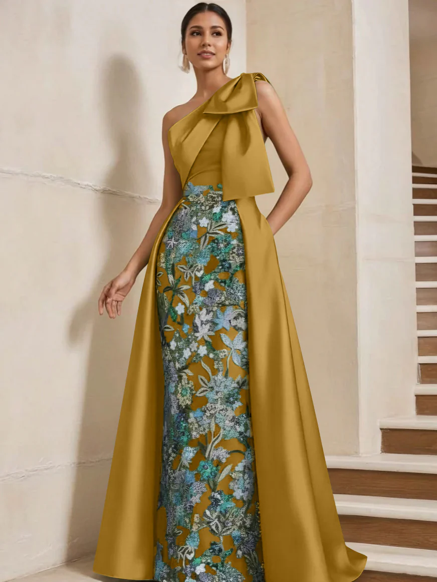 Sheath/Column One-Shoulder Satin Mother of the Bride Dresses with Overskirt Sleeveless Floor-Length Bow - Image 30