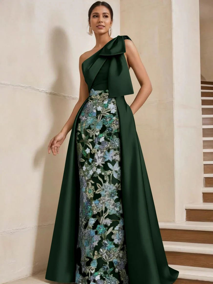 Sheath/Column One-Shoulder Satin Mother of the Bride Dresses with Overskirt Sleeveless Floor-Length Bow - Image 32