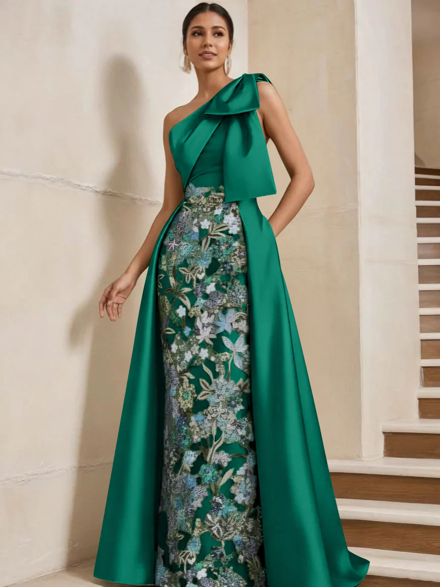 Sheath/Column One-Shoulder Satin Mother of the Bride Dresses with Overskirt Sleeveless Floor-Length Bow - Image 33