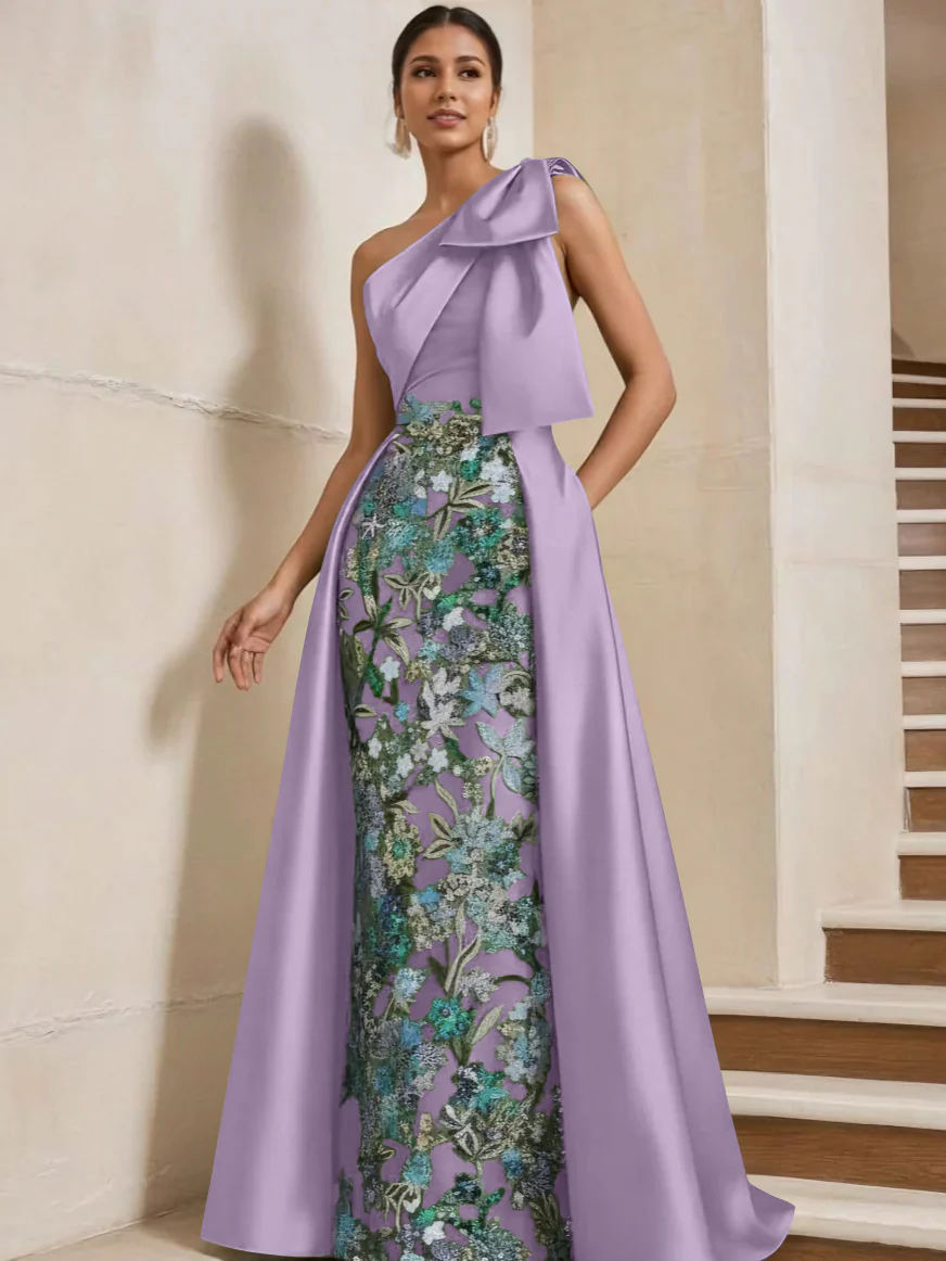 Sheath/Column One-Shoulder Satin Mother of the Bride Dresses with Overskirt Sleeveless Floor-Length Bow - Image 36