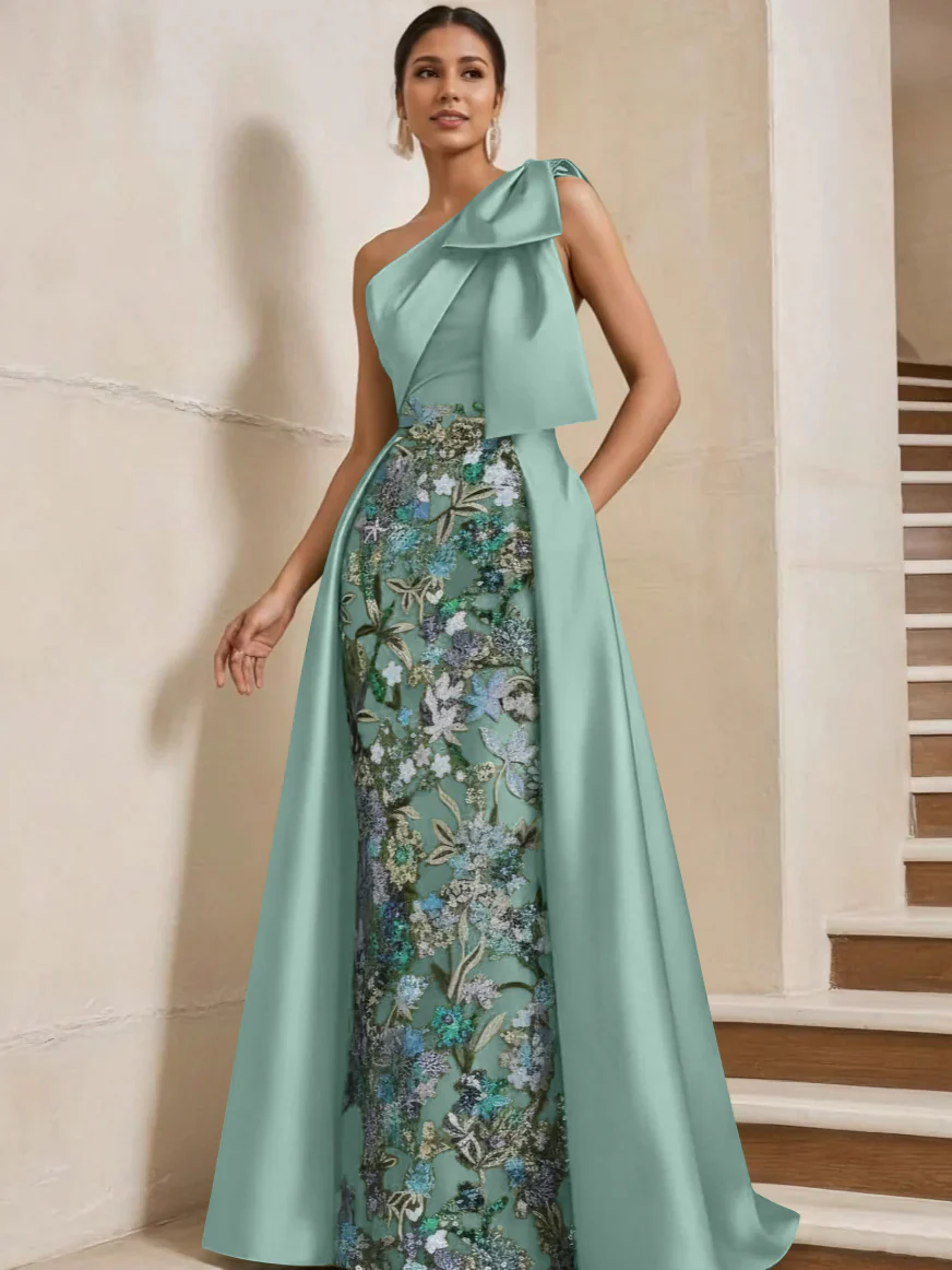 Sheath/Column One-Shoulder Satin Mother of the Bride Dresses with Overskirt Sleeveless Floor-Length Bow - Image 37