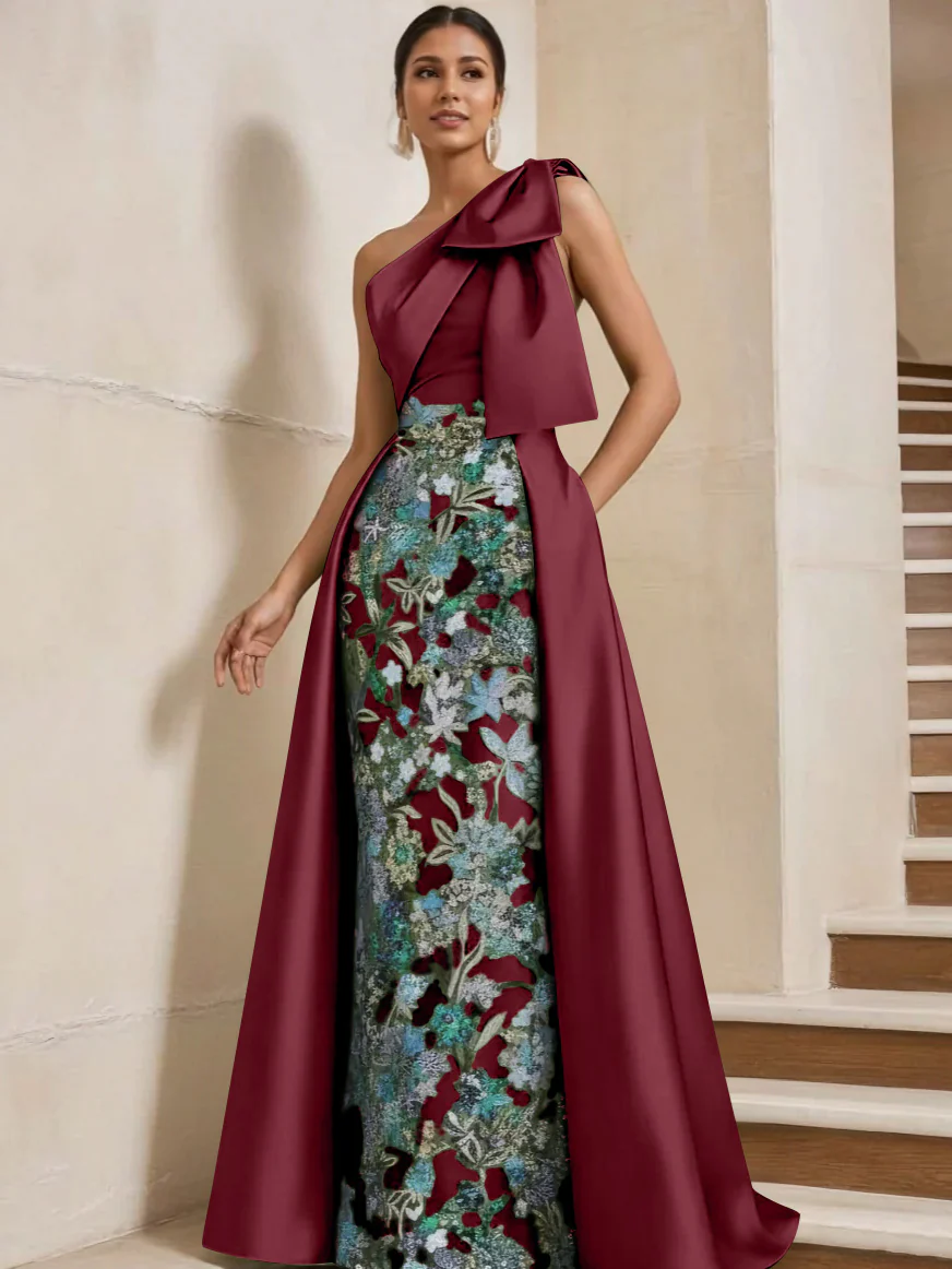 Sheath/Column One-Shoulder Satin Mother of the Bride Dresses with Overskirt Sleeveless Floor-Length Bow - Image 38