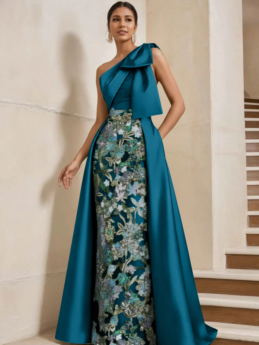 Sheath/Column One-Shoulder Satin Mother of the Bride Dresses with Overskirt Sleeveless Floor-Length Bow - Image 39