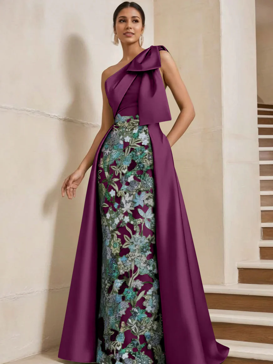 Sheath/Column One-Shoulder Satin Mother of the Bride Dresses with Overskirt Sleeveless Floor-Length Bow - Image 41