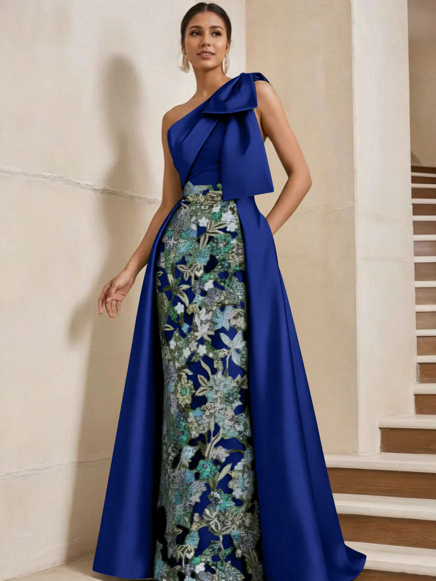Sheath/Column One-Shoulder Satin Mother of the Bride Dresses with Overskirt Sleeveless Floor-Length Bow - Image 46