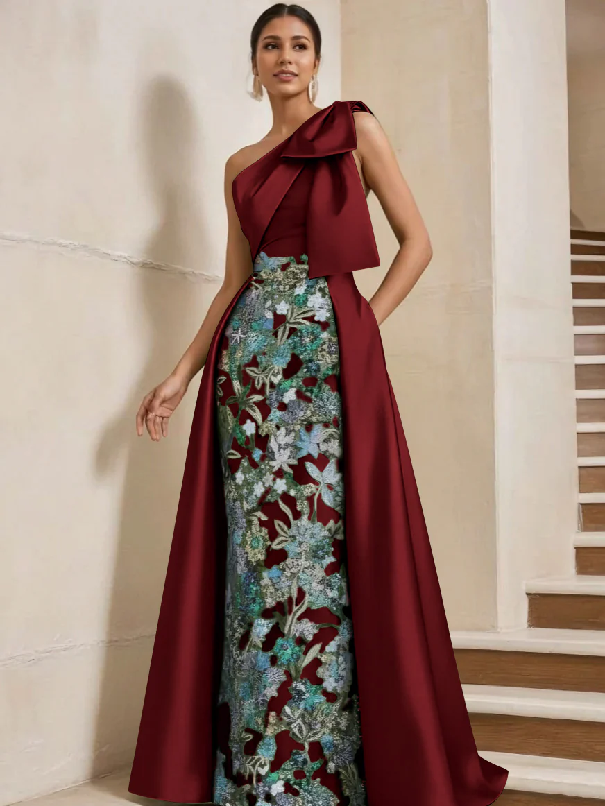 Sheath/Column One-Shoulder Satin Mother of the Bride Dresses with Overskirt Sleeveless Floor-Length Bow - Image 54