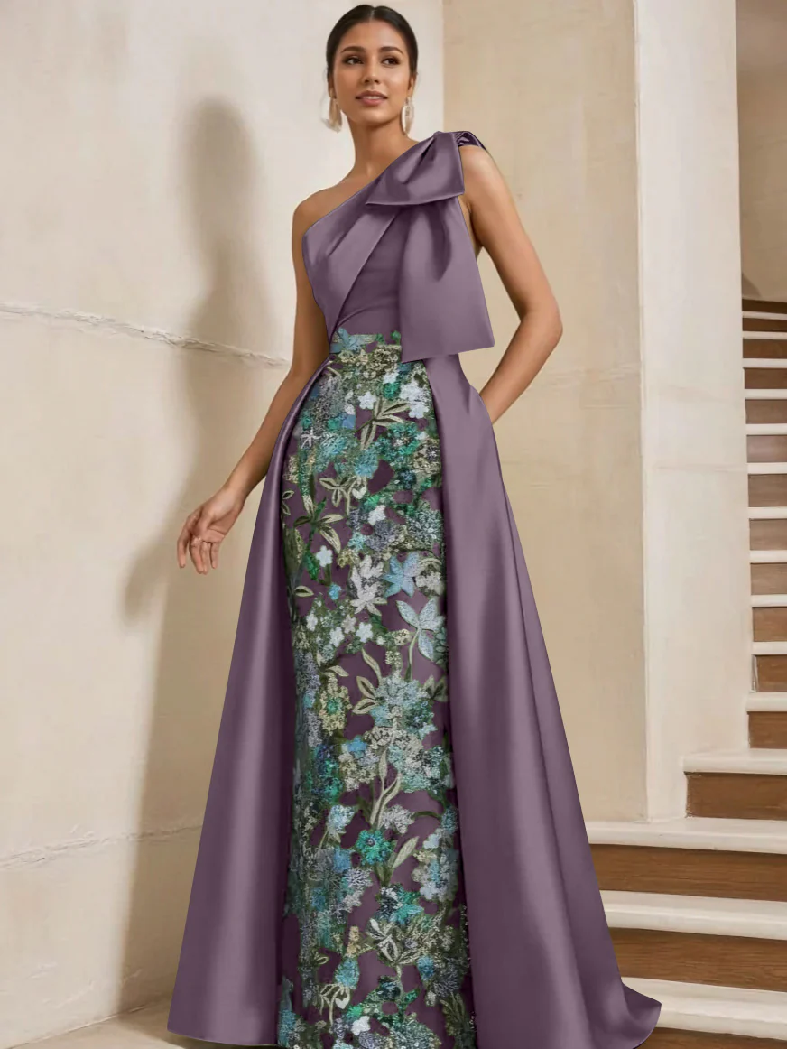 Sheath/Column One-Shoulder Satin Mother of the Bride Dresses with Overskirt Sleeveless Floor-Length Bow - Image 55