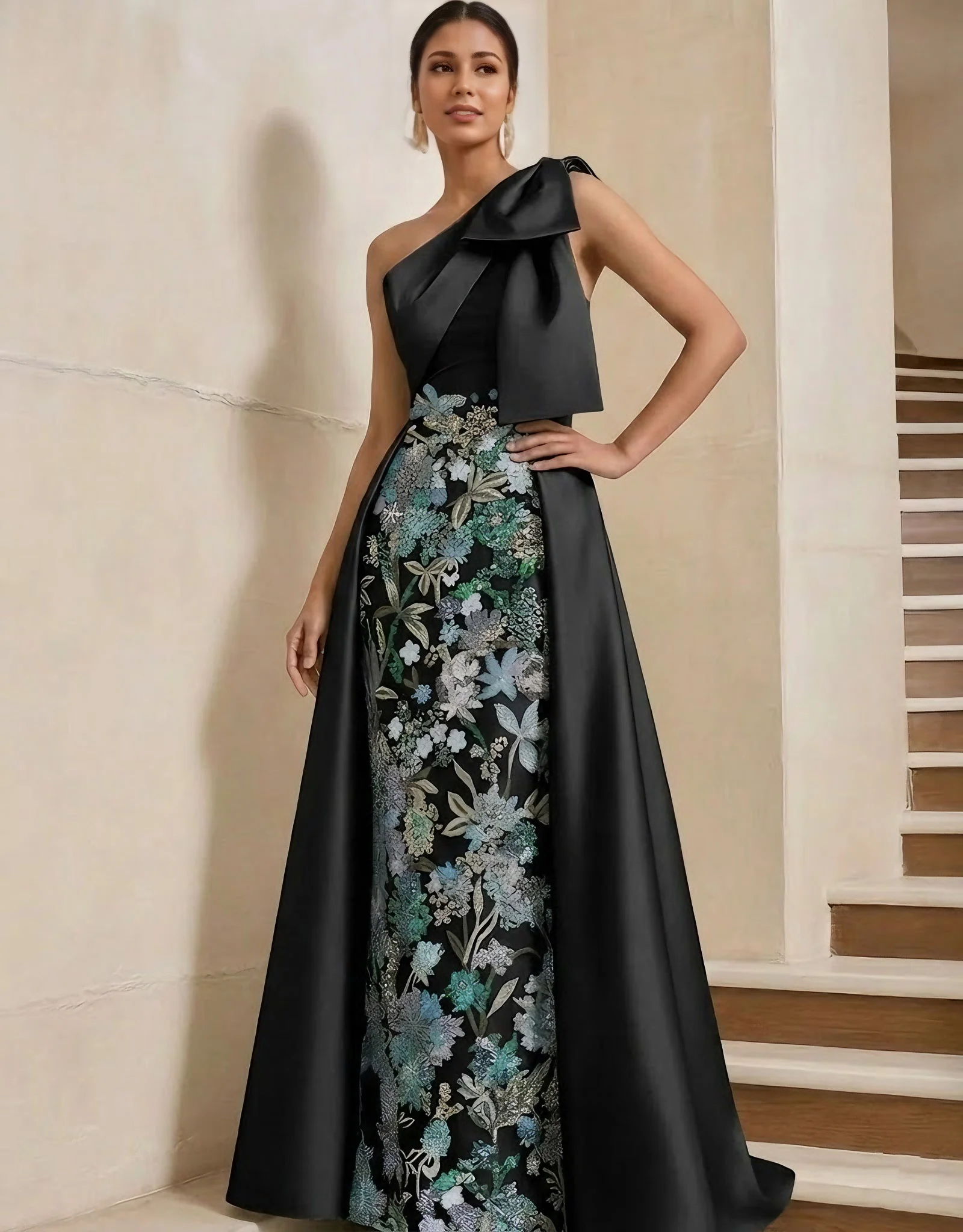 Sheath/Column One-Shoulder Satin Mother of the Bride Dresses with Overskirt Sleeveless Floor-Length Bow - Image 8