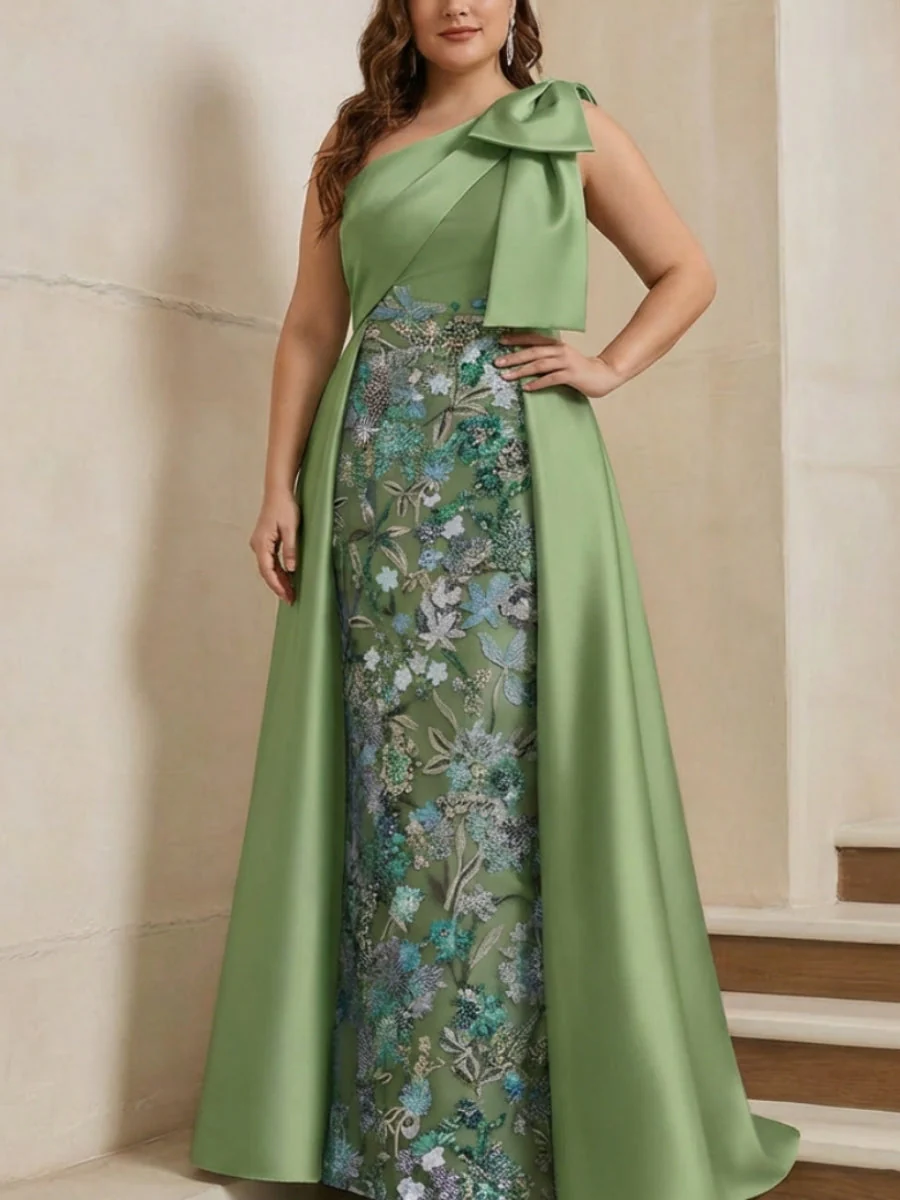 Sheath/Column One-Shoulder Satin Plus Size Mother of the Bride Dresses with Overskirt Sleeveless Floor-Length Bow