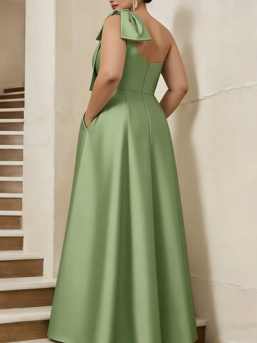 Sheath/Column One-Shoulder Satin Plus Size Mother of the Bride Dresses with Overskirt Sleeveless Floor-Length Bow - Image 2