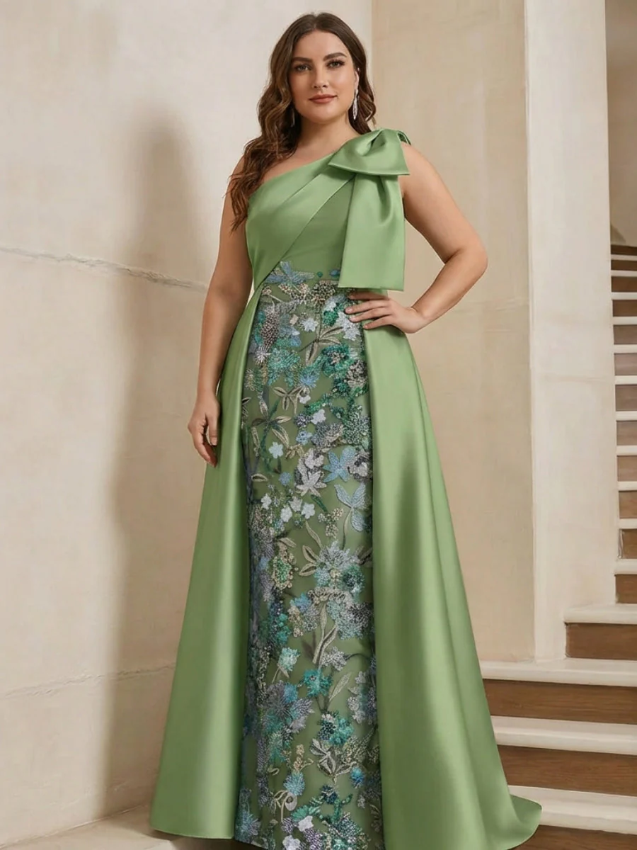 Sheath/Column One-Shoulder Satin Plus Size Mother of the Bride Dresses with Overskirt Sleeveless Floor-Length Bow - Image 3