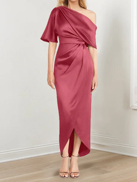 Sheath/Column One-Shoulder Short Sleeves Asymmetrical Mother of the Bride Dresses with Ruffles - Image 14