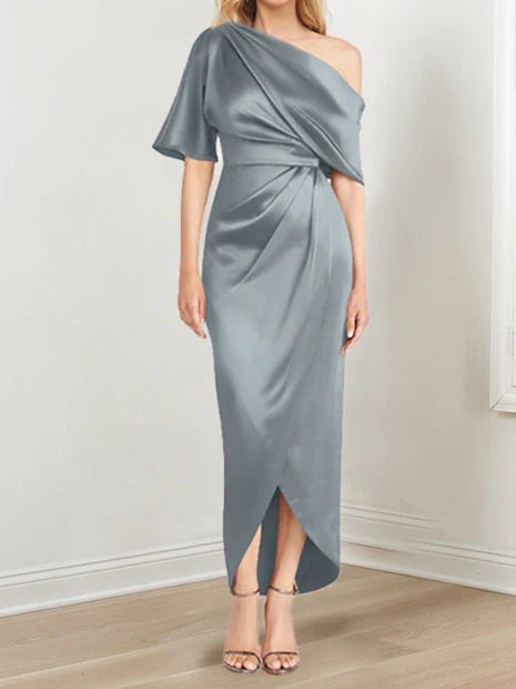 Sheath/Column One-Shoulder Short Sleeves Asymmetrical Mother of the Bride Dresses with Ruffles - Image 20