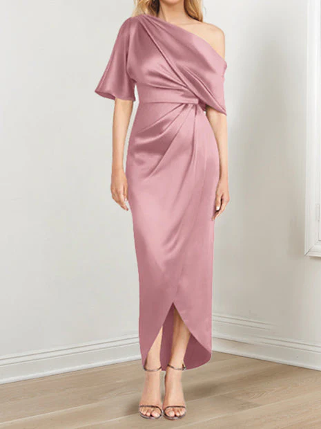 Sheath/Column One-Shoulder Short Sleeves Asymmetrical Mother of the Bride Dresses with Ruffles - Image 21