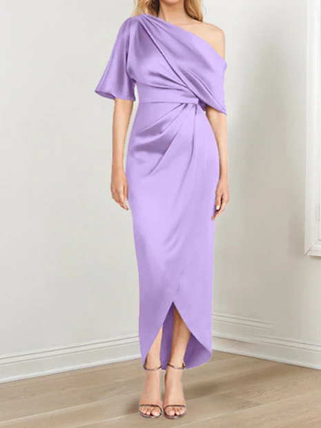 Sheath/Column One-Shoulder Short Sleeves Asymmetrical Mother of the Bride Dresses with Ruffles - Image 30