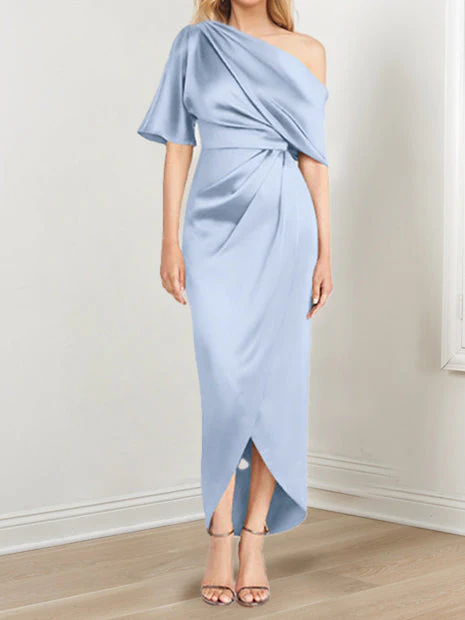 Sheath/Column One-Shoulder Short Sleeves Asymmetrical Mother of the Bride Dresses with Ruffles - Image 33