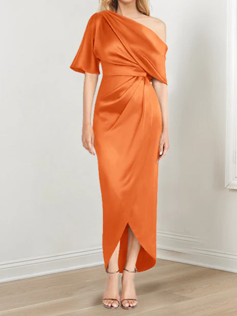 Sheath/Column One-Shoulder Short Sleeves Asymmetrical Mother of the Bride Dresses with Ruffles - Image 36
