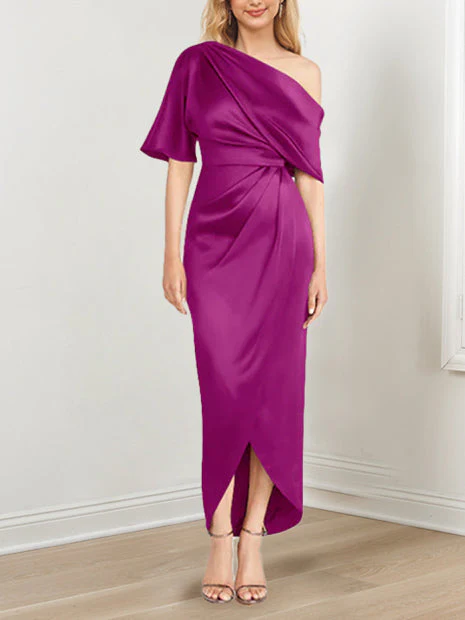 Sheath/Column One-Shoulder Short Sleeves Asymmetrical Mother of the Bride Dresses with Ruffles - Image 37