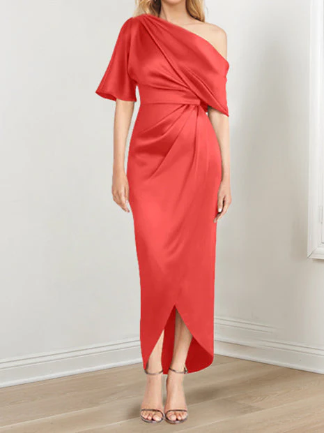Sheath/Column One-Shoulder Short Sleeves Asymmetrical Mother of the Bride Dresses with Ruffles - Image 38