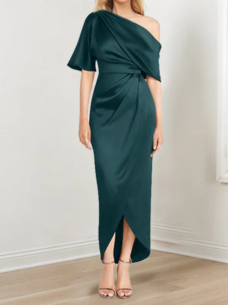 Sheath/Column One-Shoulder Short Sleeves Asymmetrical Mother of the Bride Dresses with Ruffles - Image 39