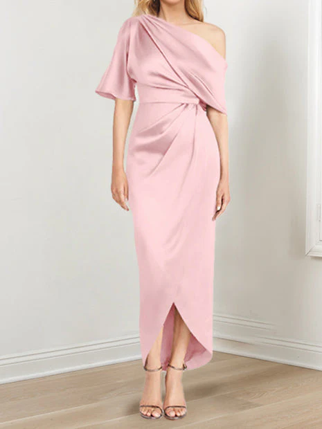 Sheath/Column One-Shoulder Short Sleeves Asymmetrical Mother of the Bride Dresses with Ruffles - Image 41