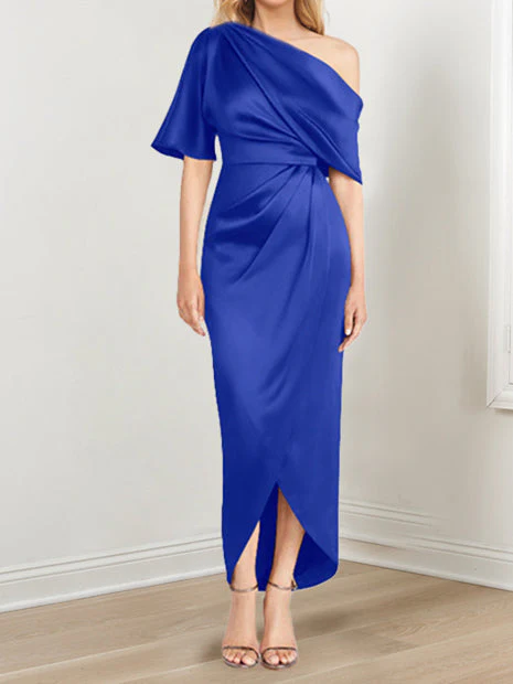 Sheath/Column One-Shoulder Short Sleeves Asymmetrical Mother of the Bride Dresses with Ruffles - Image 46