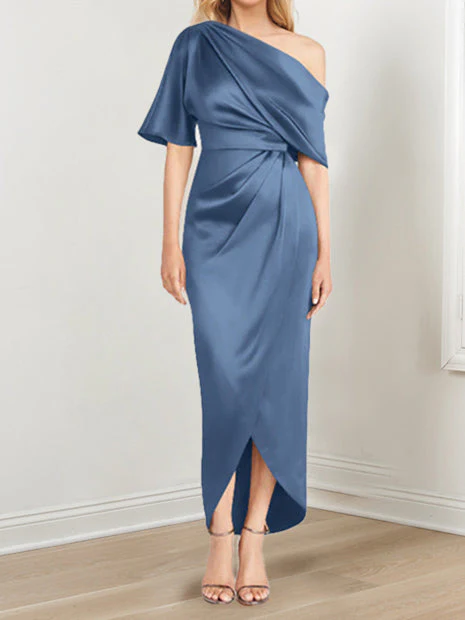 Sheath/Column One-Shoulder Short Sleeves Asymmetrical Mother of the Bride Dresses with Ruffles - Image 50