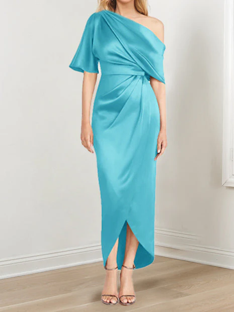 Sheath/Column One-Shoulder Short Sleeves Asymmetrical Mother of the Bride Dresses with Ruffles - Image 51