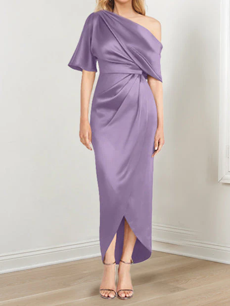 Sheath/Column One-Shoulder Short Sleeves Asymmetrical Mother of the Bride Dresses with Ruffles - Image 60