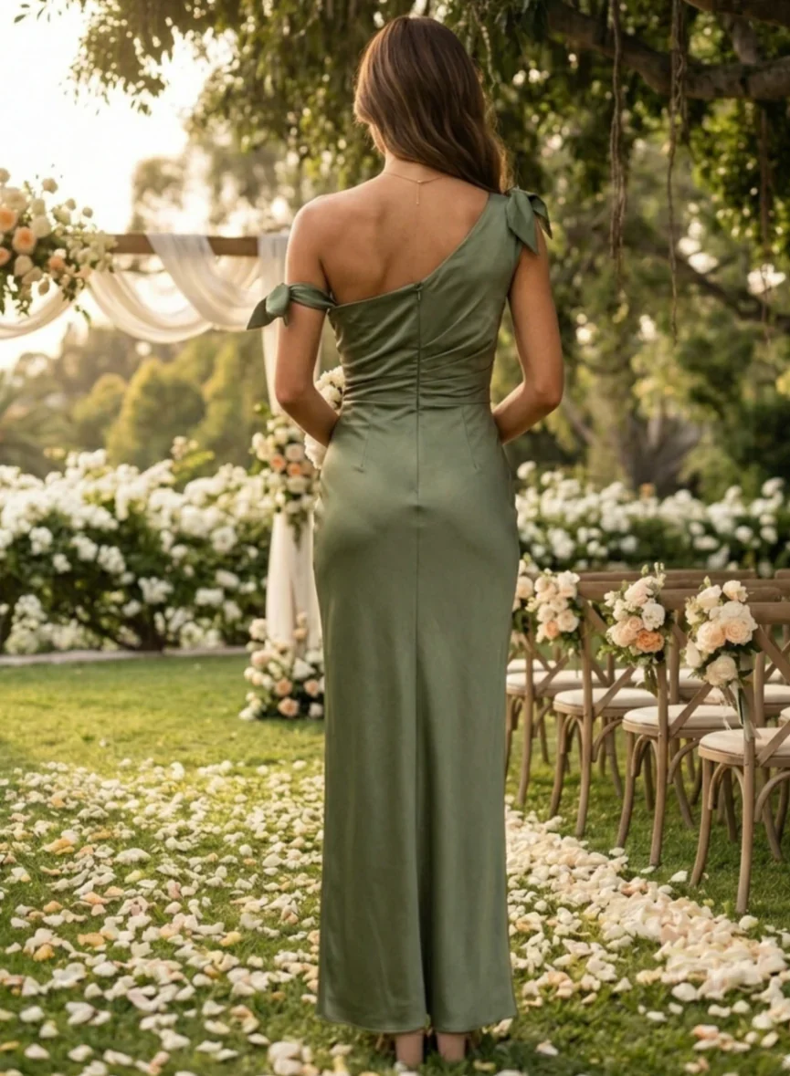 Sheath/Column One-Shoulder Silk Satin Bridesmaid Dresses Sleeveless Ankle-Length Bowknot - Image 2