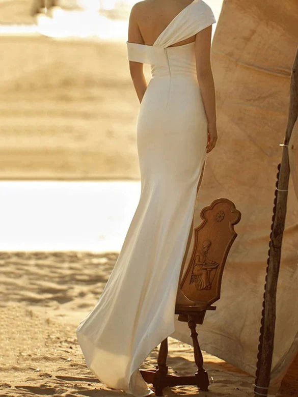 Sheath/Column One-Shoulder Silk Satin Wedding Dress With Split - Image 2