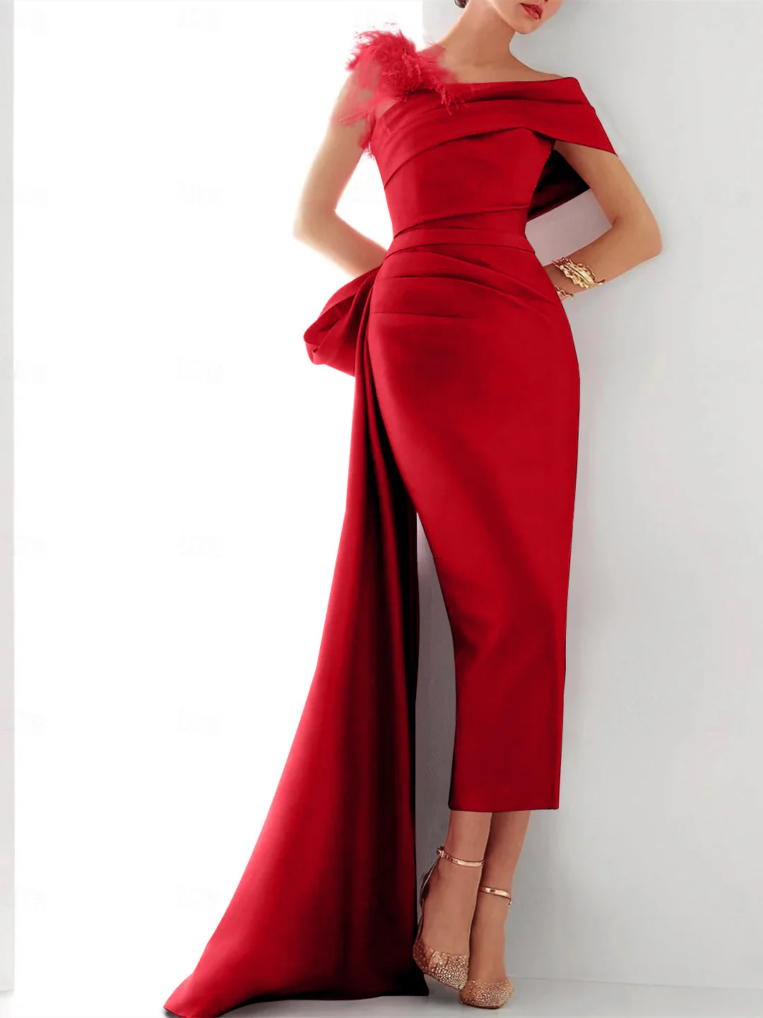Sheath/Column One Shoulder Sleeveless Sweep/Brush Train Evening Gown Elegant Dress Formal Satin with Feather Bow(s) - Image 11