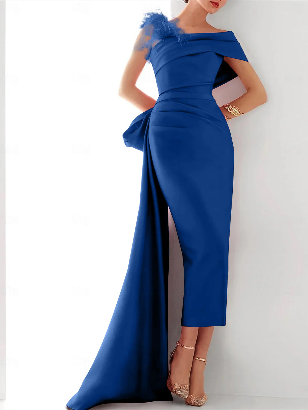 Sheath/Column One Shoulder Sleeveless Sweep/Brush Train Evening Gown Elegant Dress Formal Satin with Feather Bow(s) - Image 12
