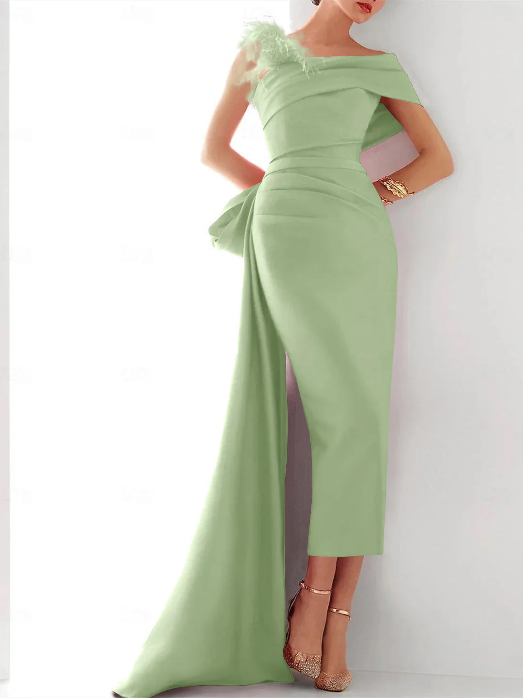 Sheath/Column One Shoulder Sleeveless Sweep/Brush Train Evening Gown Elegant Dress Formal Satin with Feather Bow(s) - Image 13