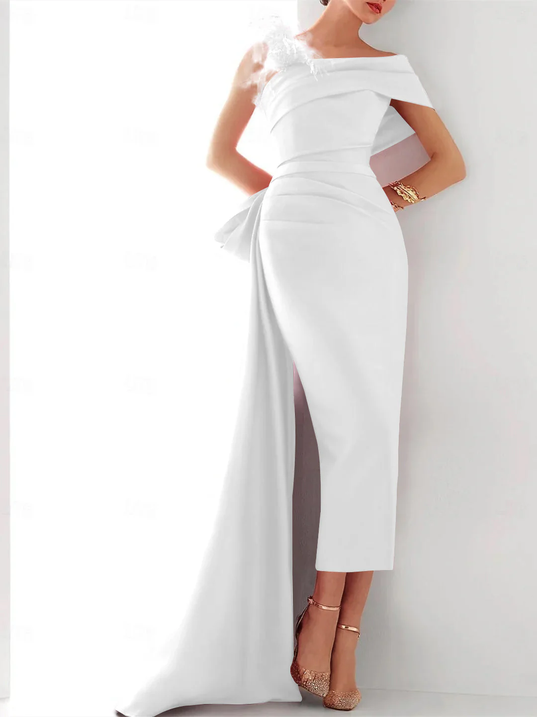 Sheath/Column One Shoulder Sleeveless Sweep/Brush Train Evening Gown Elegant Dress Formal Satin with Feather Bow(s) - Image 14