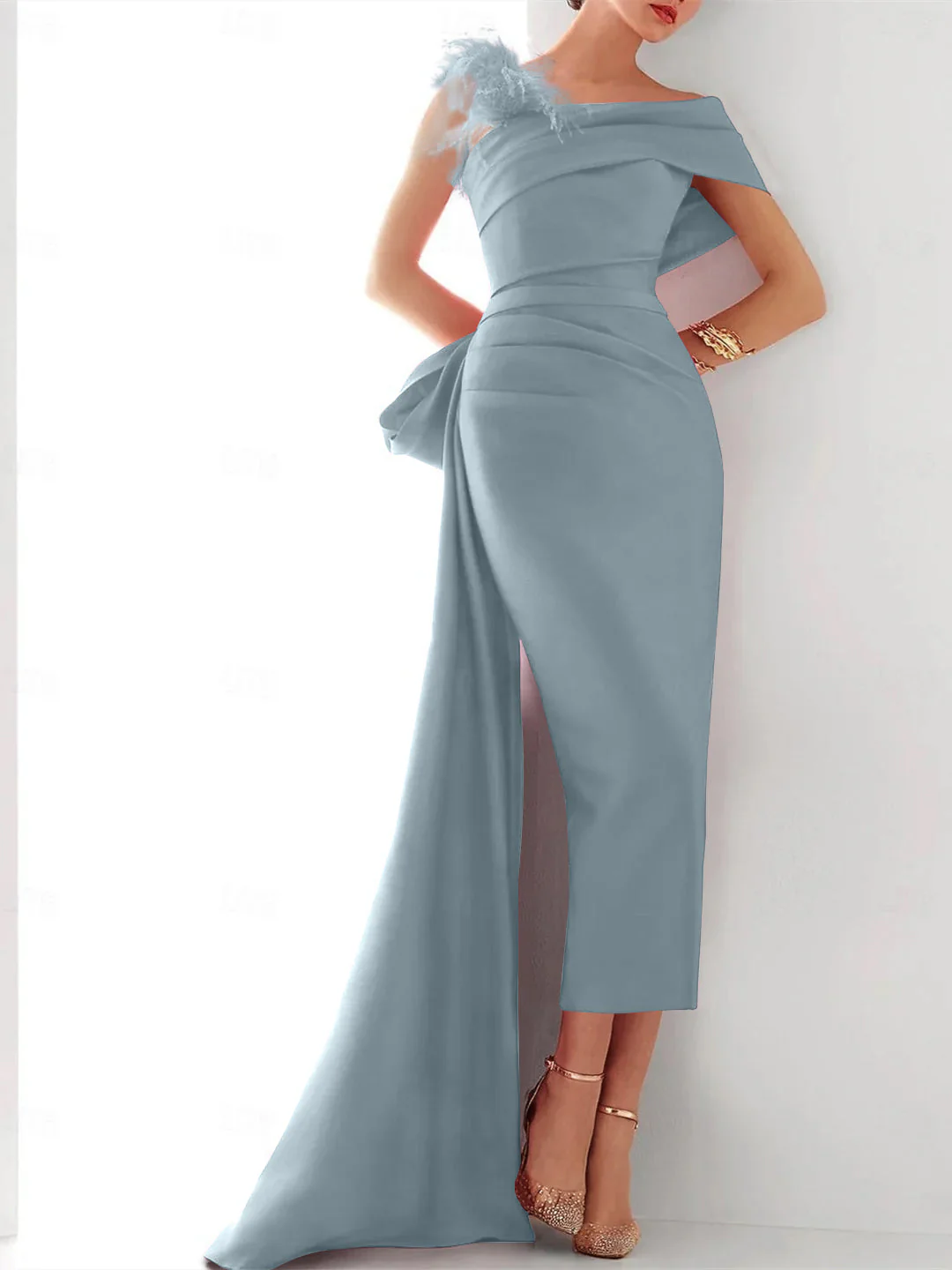 Sheath/Column One Shoulder Sleeveless Sweep/Brush Train Evening Gown Elegant Dress Formal Satin with Feather Bow(s) - Image 6