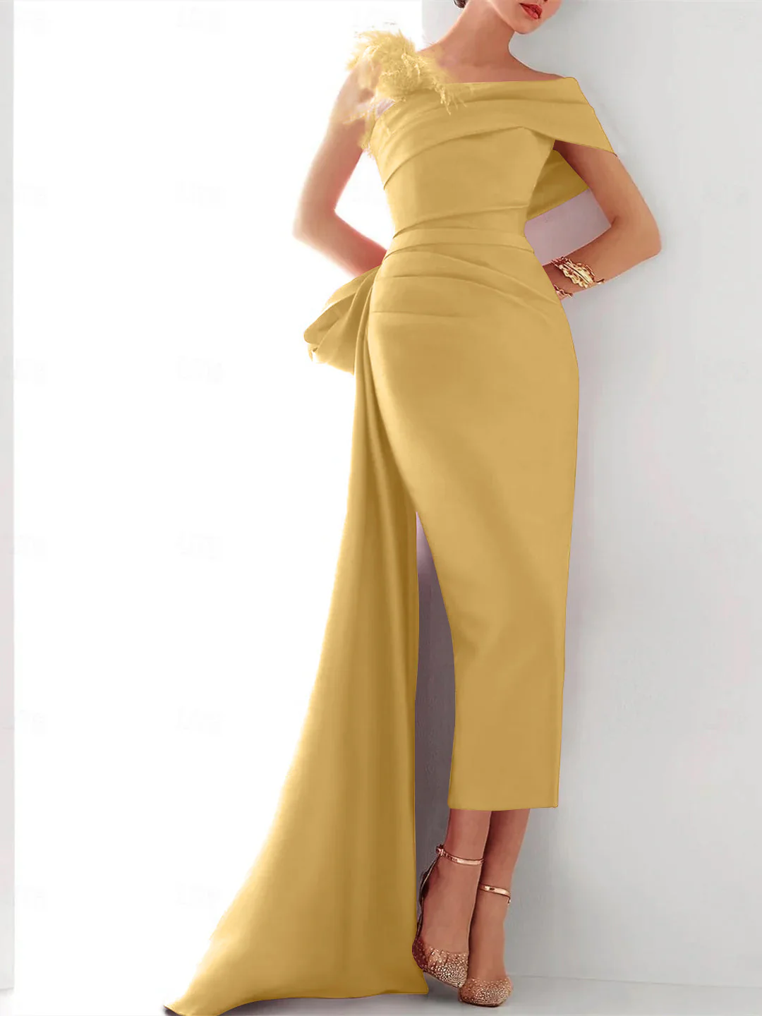 Sheath/Column One Shoulder Sleeveless Sweep/Brush Train Evening Gown Elegant Dress Formal Satin with Feather Bow(s) - Image 7