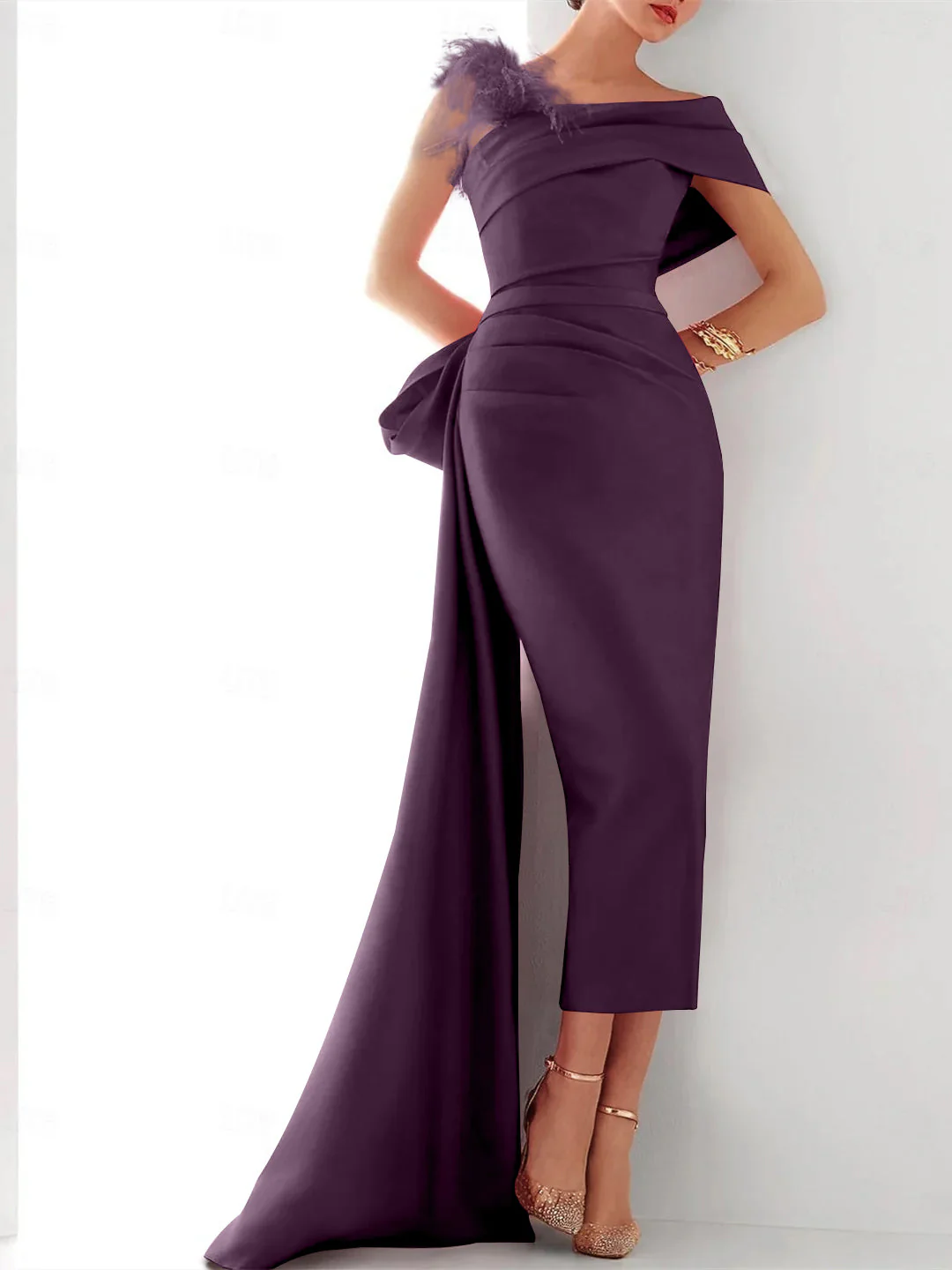 Sheath/Column One Shoulder Sleeveless Sweep/Brush Train Evening Gown Elegant Dress Formal Satin with Feather Bow(s) - Image 8