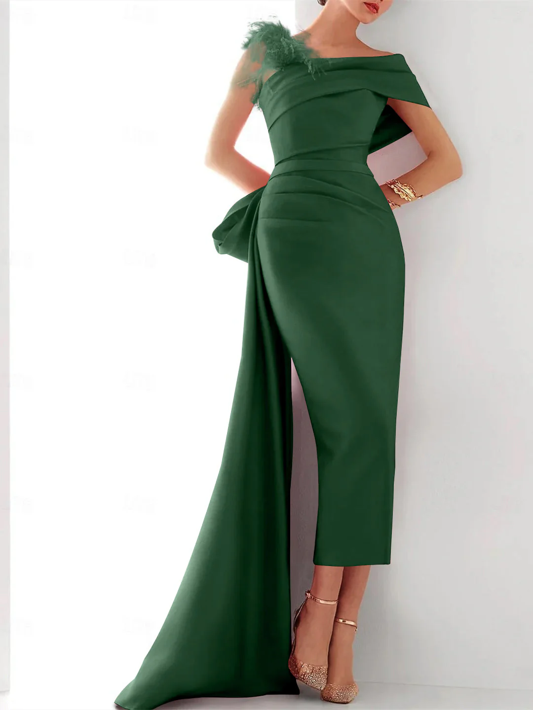Sheath/Column One Shoulder Sleeveless Sweep/Brush Train Evening Gown Elegant Dress Formal Satin with Feather Bow(s) - Image 9