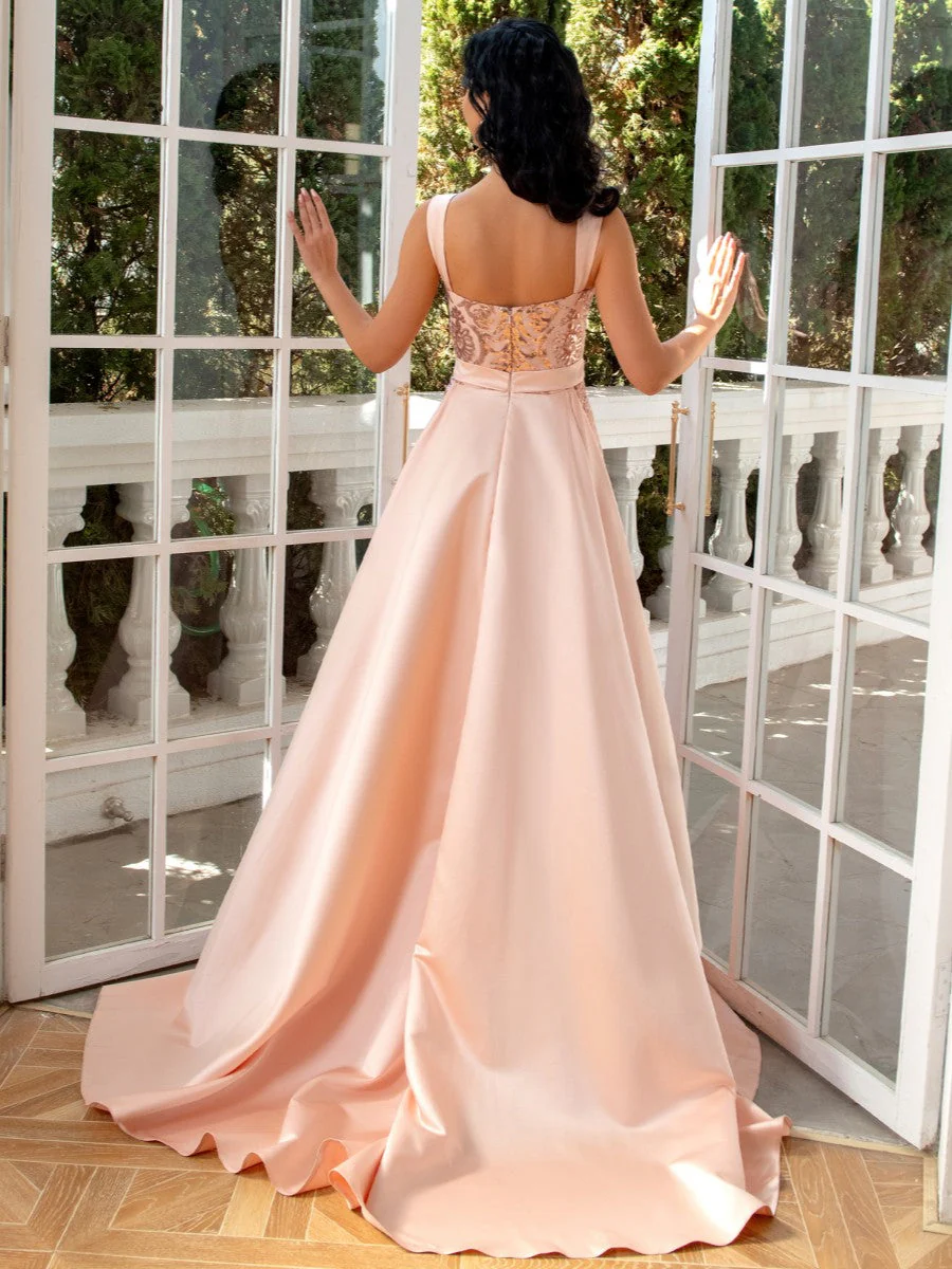 Sheath/Column Plunge V-Neck Sleeveless Floor-Length Evening Dresses with Watteau Train & Sequins & Slit - Image 5