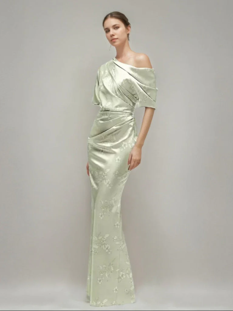 Sheath/Column Printed Floral One-shoulder Half Sleeves Ruched Wedding Guest Dress with Slit - Image 3