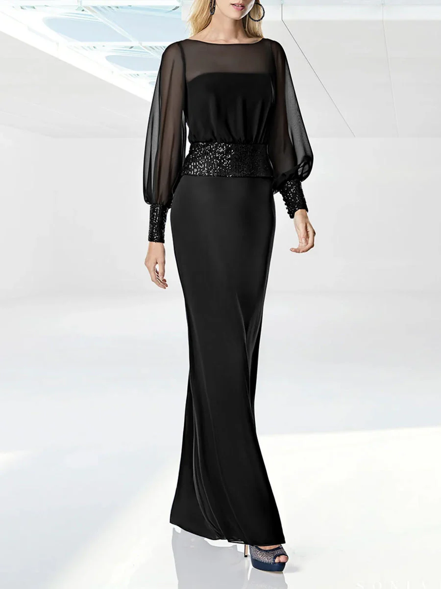 Sheath/Column Round Neck Long Sleeves Floor length Prom Dresses With Sequins Belt - Image 2