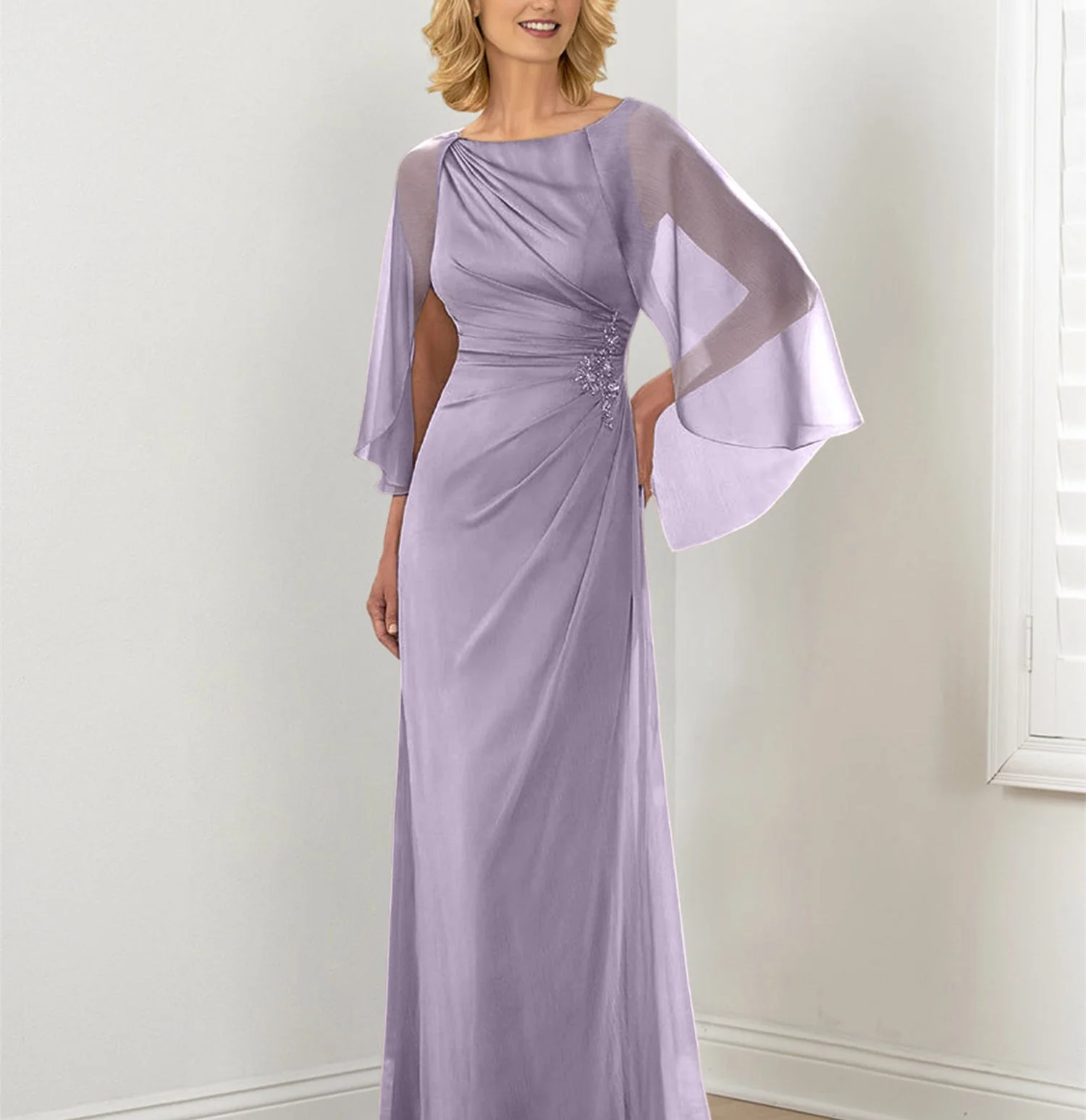 Sheath/Column Round Neck Mother of the Bride Dresses with Ruched - Image 12